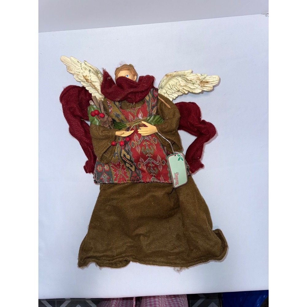 Sterling Christmas Angel Tree Topper Rustic Tapestry Red Brown 16 Inch Holiday